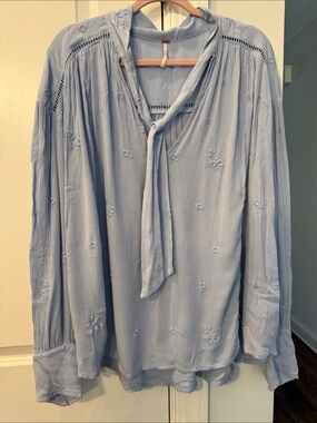 Free People Light Blue Tie-Neck Embroidered Button-Down Shirt